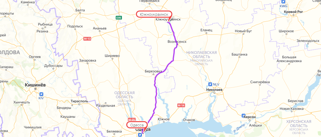 Маршрут автобуса Южноукраїнськ-Одеса