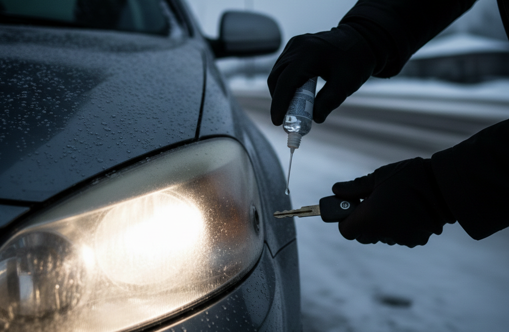 Водій наносить дезінфектор для рук на ключ запалювання, щоб розморозити замок дверей.