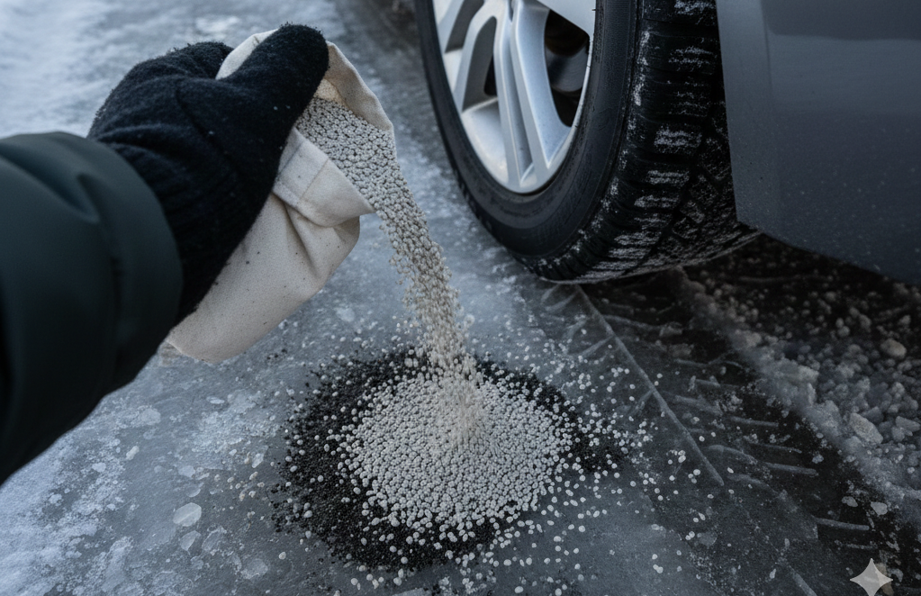 Насипання котячого наповнювача під ведучі колеса машини, що буксує на льоду.