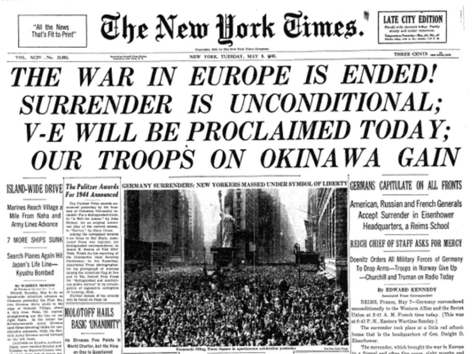 Історична перша шпальта «The New York Times» про закінчення війни