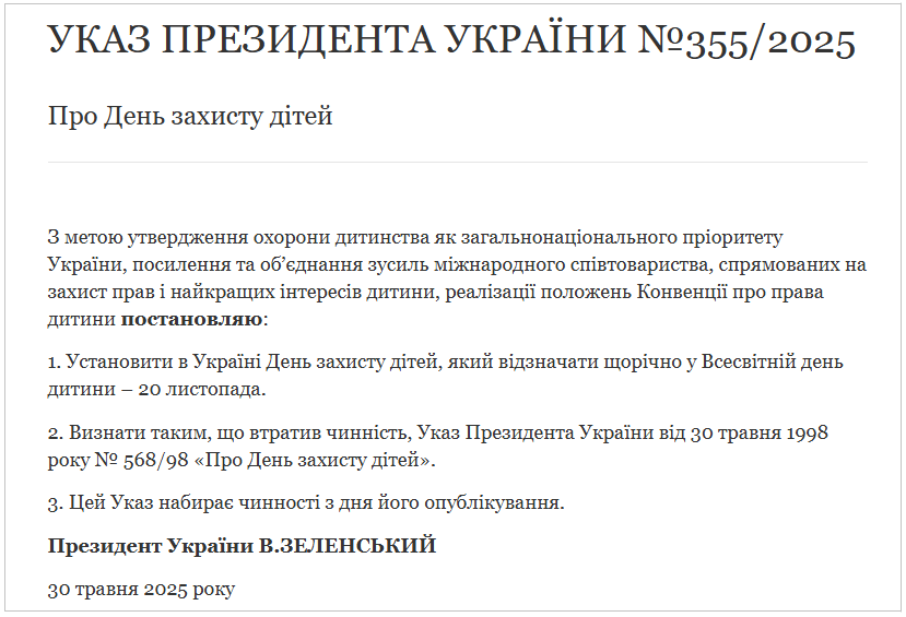 Указ президента Зеленського №355/2025 про перенесення Дня захисту дітей