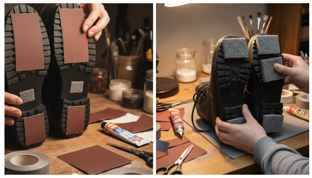 Процес прикріплення шматочків сірого поролону до підборів зимових черевиків для захисту від ковзання в ожеледицю