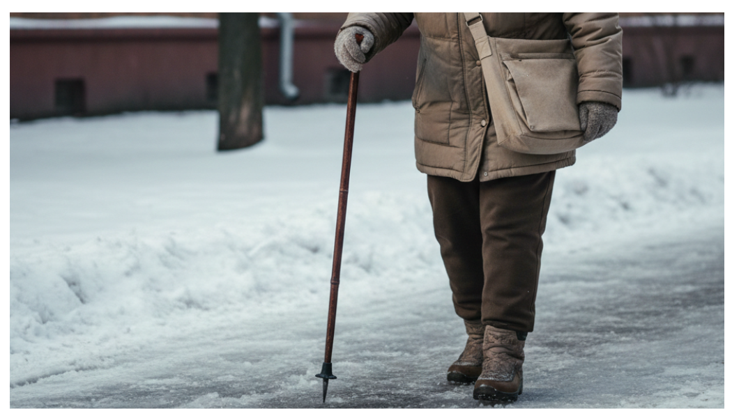 Літня жінка з сумкою через плече йде по обледенілому тротуару, спираючись на палицю з металевим шипом.