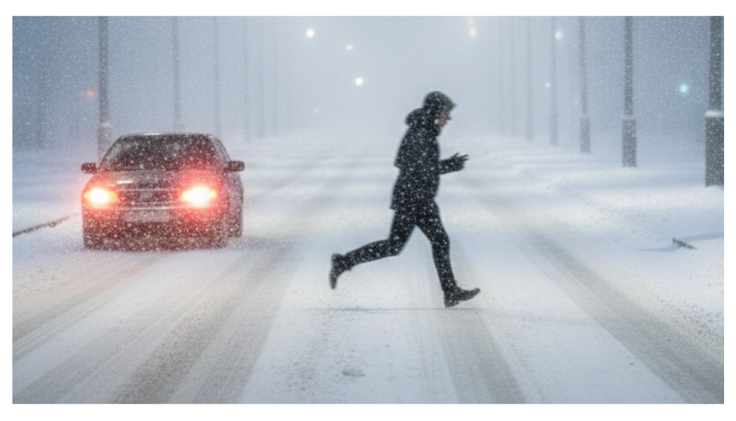 Зони підвищеної небезпеки взимку: зледенілий металевий люк, край проїжджої частини та гострі бурульки на даху будинку над тротуаром