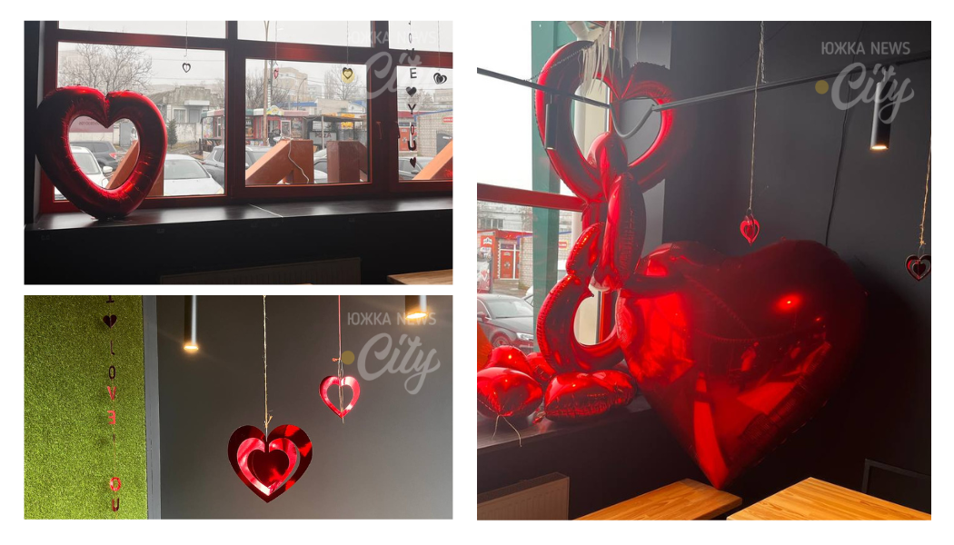 У «Амбарі» романтика буквально злетіла під стелю: простір прикрасили величезними червоними фольгованими серцями та витонченими підвісами