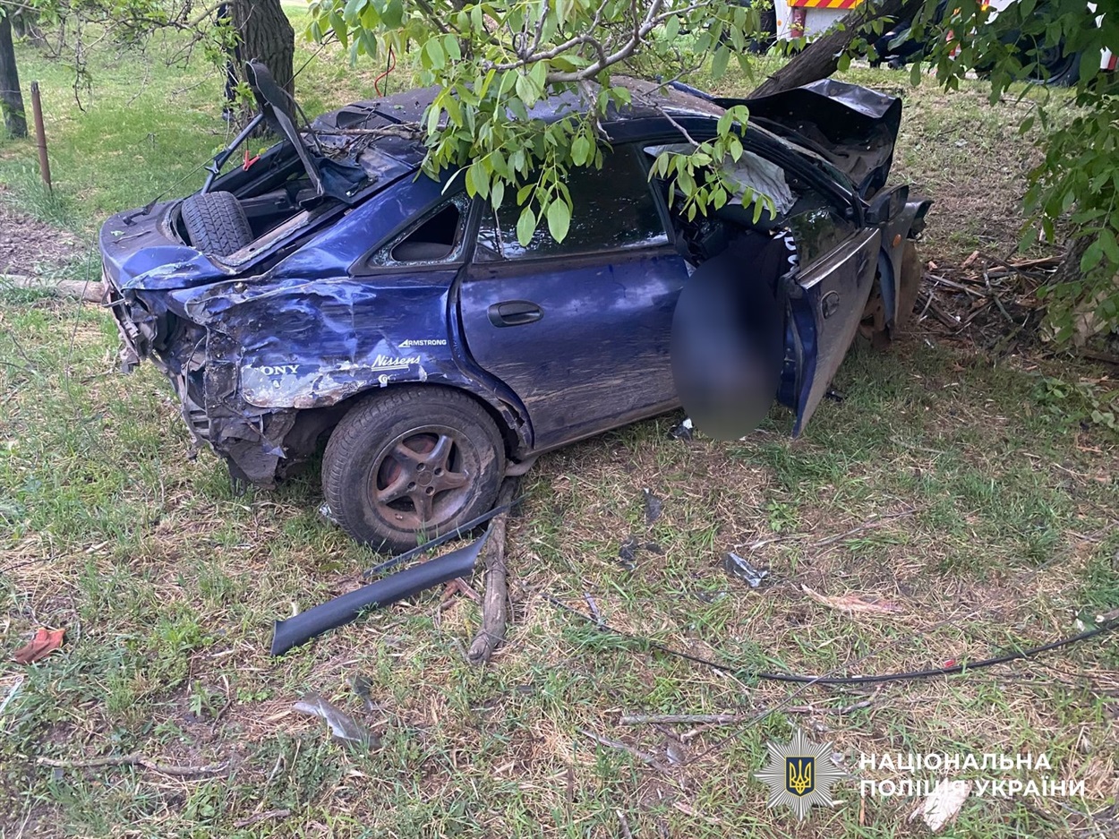 Місце смертельної ДТП у селищі Веселинове на Миколаївщині. Фото розбитої Mazda 323, яка врізалася в дерево на вулиці Мозолевського ранком 31 травня. Поруч працюють поліцейські.