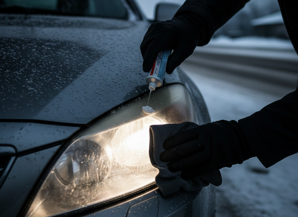 Процес полірування каламутних фар автомобіля за допомогою зубної пасти та мікрофібри