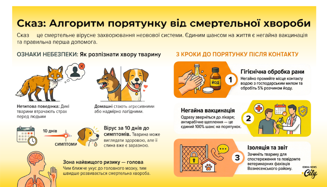 Інфографіка: Алгоритм порятунку від сказу - ознаки хворої тварини та 3 кроки після контакту.